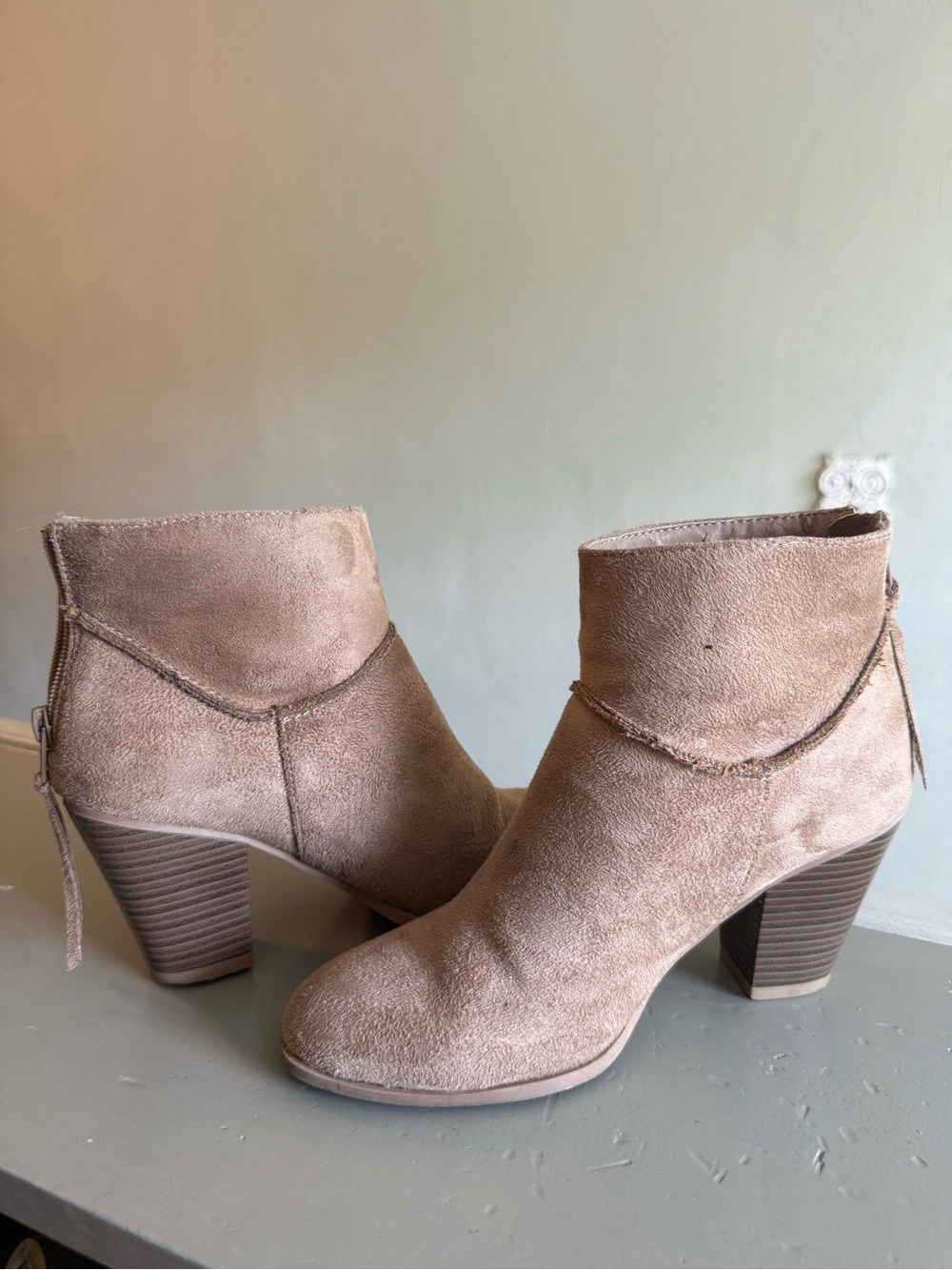 Charlotte Russe Taupe Suede Ankle Booties with Stacked Heel